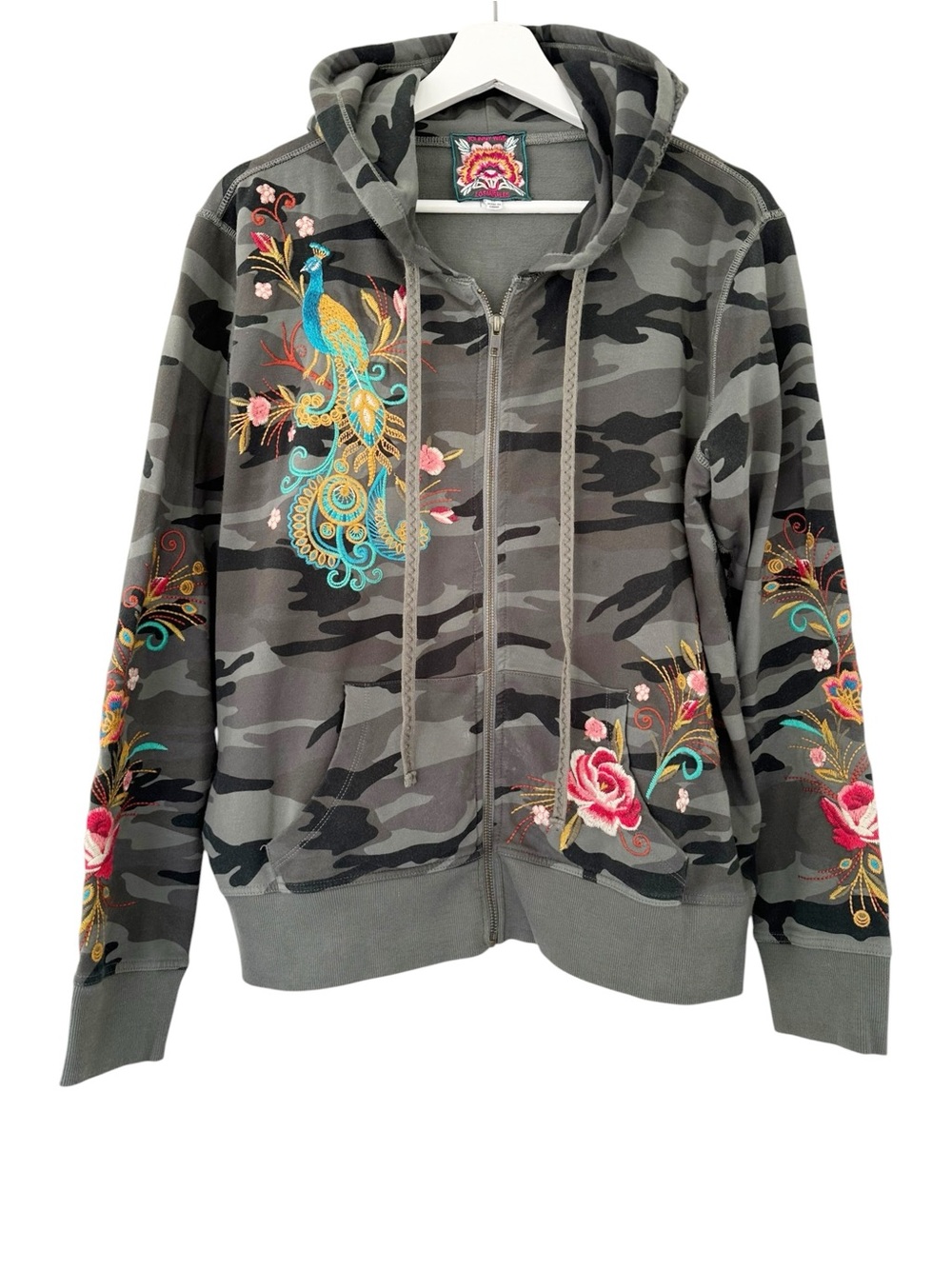 Johnny Was Los Angeles • Gray Camo Peacock Embroidered Zip Hoodie Jacket